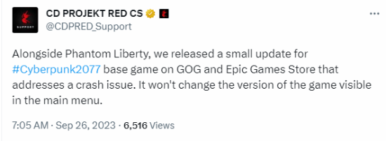 九游娱乐《赛博朋克2077》更新补丁发布：解决游戏本体崩溃问题
